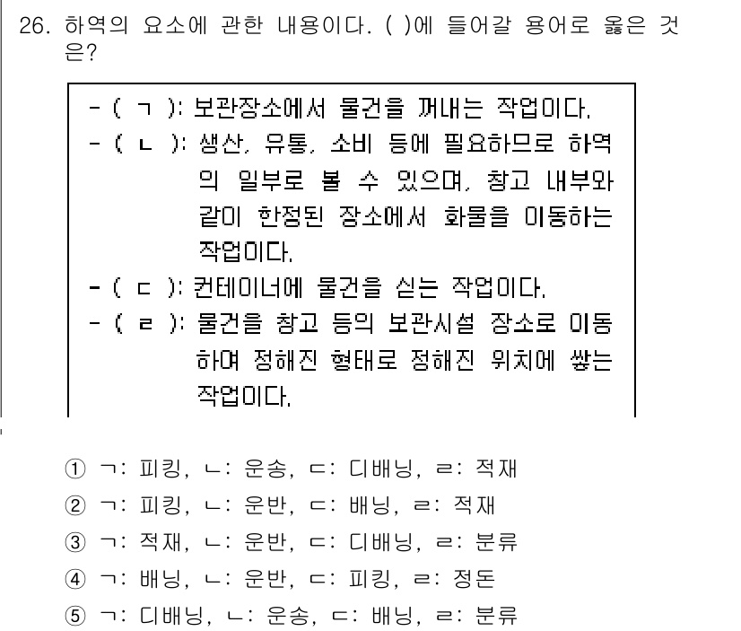 물류관리사_2교시 2022년 26번 - 정답 2번 "운송"은 물류에서 재화의 이동을 담당하는 핵심 기능입니다. ... 에 관한 핵심 기출문제