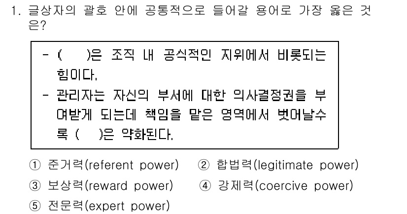 유통관리사_1급 2022년 1번 - . 합법적 권력(legitimate power).

합법적 권력은 조직 ... 에 관한 핵심 기출문제