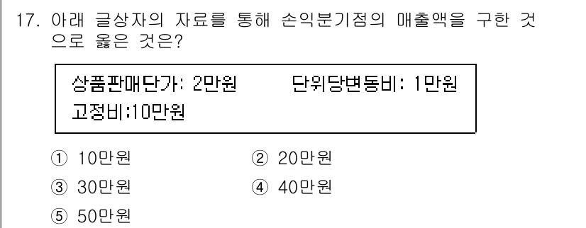 유통관리사_1급 2022년 17번 - 정답인 이유는 손익분기점 분석에서 고정비와 변동비를 고려해야 하기 때문입... 에 관한 핵심 기출문제