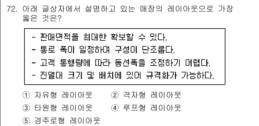 유통관리사_1급 2022년 72번 - . 

이유: 통로가 좁아지면 고객의 동선이 제한되어 구매 결정에 도움이... 에 관한 핵심 기출문제