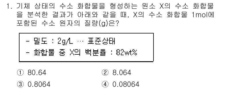 화학분석기사(구) 2022년 1번 - 주어진 문제에서 수소 화합물의 질량과 농도로부터 수소 원자의 질량을 계산... 에 관한 핵심 기출문제