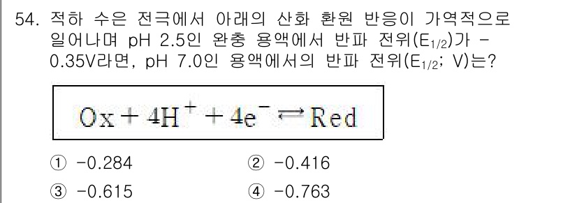 화학분석기사 2022년 54번 - 산화환원 반응에서 Nernst 식을 이용해 전위(E)를 구할 수 있다. ... 에 관한 핵심 기출문제