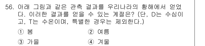해양환경기사 2022년 56번 - 정답은 4번 겨울입니다. 주어진 그래프의 결과는 일반적으로 겨울철에 영향... 에 관한 핵심 기출문제