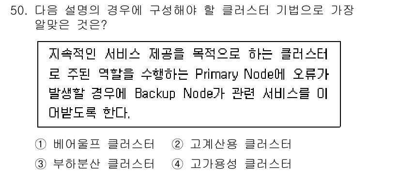 리눅스마스터_2급 2022년 50번 - . 

Backup Node는 Primary Node의 장애 발생 시 자... 에 관한 핵심 기출문제