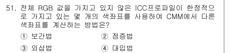 컬러리스트기사 2022년 51번 - . 보간법  
해설: 보간법은 색상간의 중간값을 계산하여 새로운 색상을 ... 에 관한 핵심 기출문제