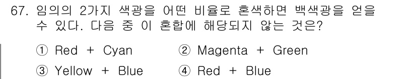 컬러리스트기사 2022년 67번 - 임의의 두 색깔을 혼합하여 백색광을 얻으려면 서로 보완적인 색(즉, 서로... 에 관한 핵심 기출문제
