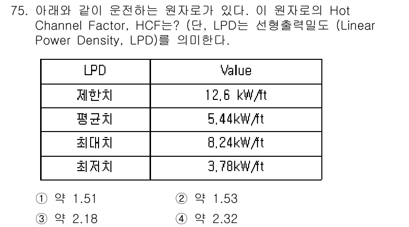 원자력기사 2022년 75번 - 문제에서 제시된 값들을 바탕으로 Hot Channel Factor (HC... 에 관한 핵심 기출문제