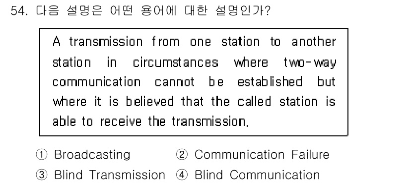 항공무선통신사 2022년 54번 - 정답은 3번, Blind Transmission입니다. "두 방향 통신이... 에 관한 핵심 기출문제