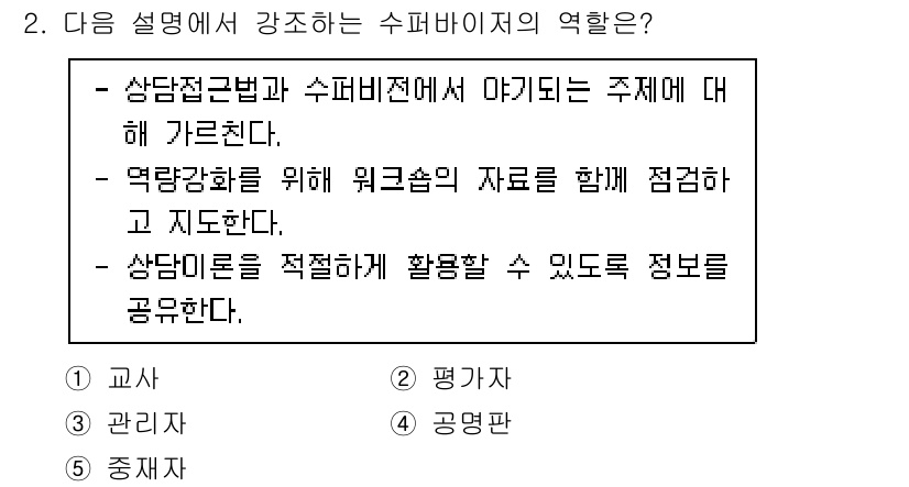 청소년상담사_1급(1교시)(구) 2022년 2번 - 해설: 수퍼바이저는 상담진행을 돕기 위해 상담자와 함께 상담 결과를 평가... 에 관한 핵심 기출문제