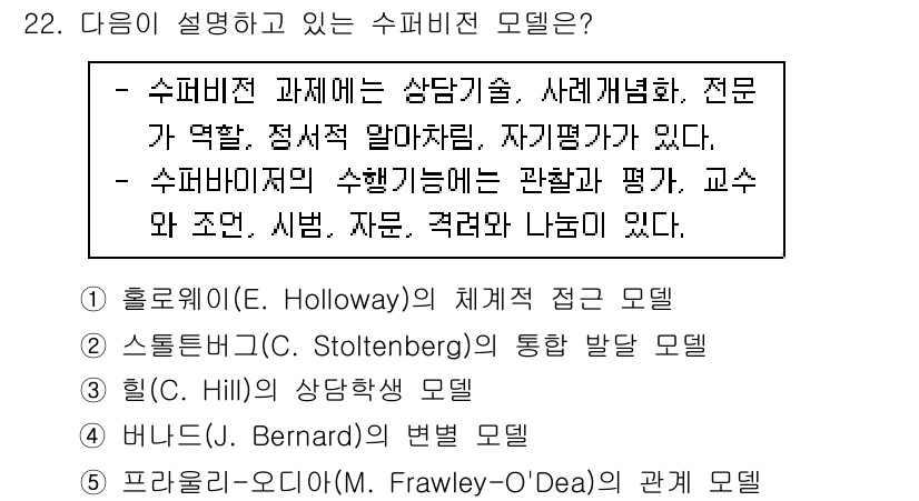 청소년상담사_1급(1교시)(구) 2022년 22번 - 주어진 설명은 수퍼비전 모델에 대한 것이며, 이 모델은 상담과 관련된 기... 에 관한 핵심 기출문제