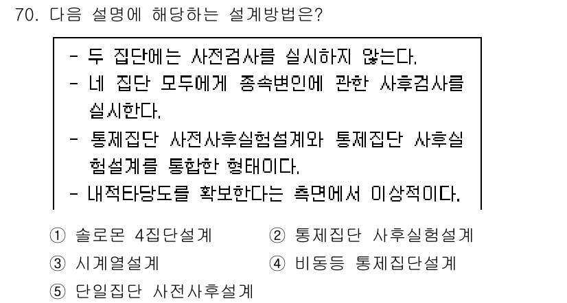 청소년상담사_1급(1교시)(구) 2022년 70번 - . 

이 설명은 '두 집단에 사전검사를 실시하지 않다'는 조건을 담고 ... 에 관한 핵심 기출문제