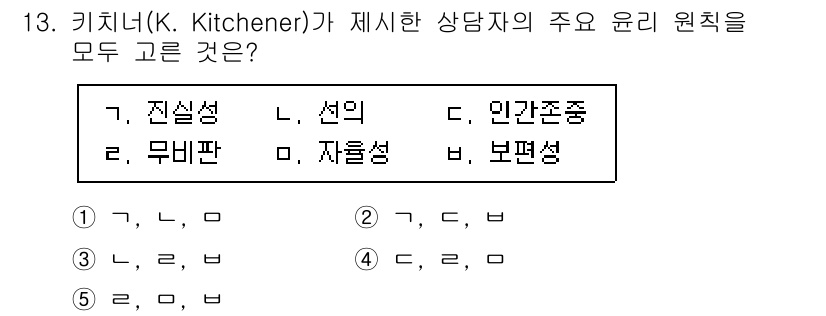 청소년상담사_1급(1교시) 2022년 13번 - 키치너는 상담에서 진실성, 선의, 인간존중, 무비판, 자율성을 강조합니다... 에 관한 핵심 기출문제