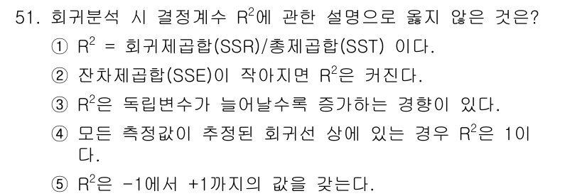 청소년상담사_1급(1교시) 2022년 51번 - R²는 독립변수가 늘어날수록 증가하기 때문에, "R²는 독립변수가 늘어날... 에 관한 핵심 기출문제