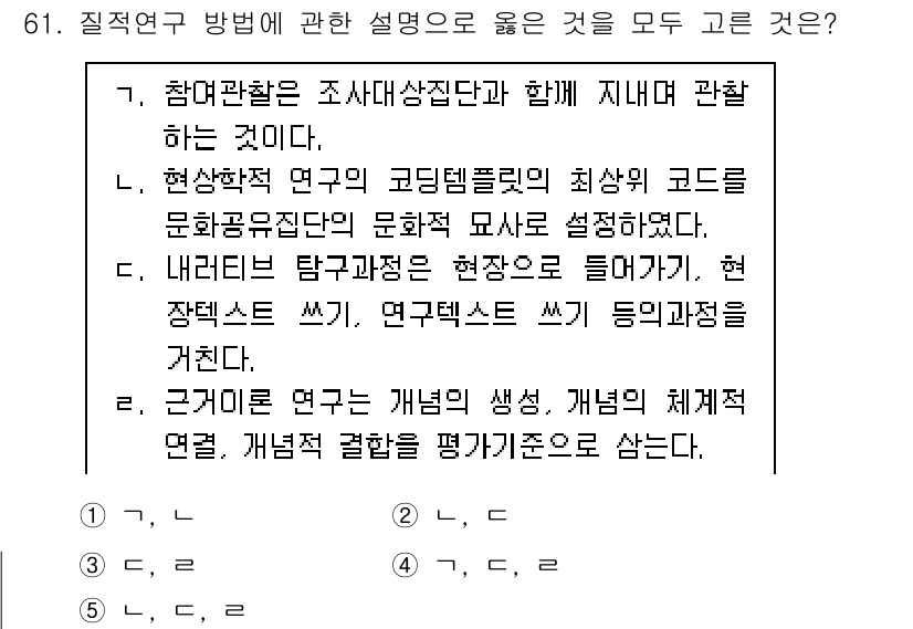 청소년상담사_1급(1교시) 2022년 61번 - 정답 4번은 근거로 연구는 개인의 생생한 경험을 토대로 진행되며, 평가 ... 에 관한 핵심 기출문제