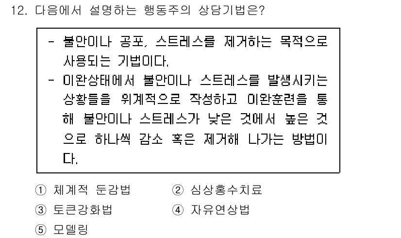 청소년상담사_1급(2교시)(구) 2022년 12번 - 행동주의 상담기법은 외부 환경 때문에 발생하는 불안이나 스트레스를 제어하... 에 관한 핵심 기출문제