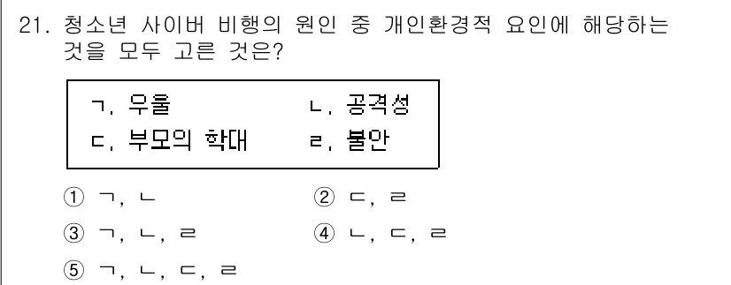청소년상담사_1급(2교시)(구) 2022년 21번 - 청소년 사이버 비행의 원인 중 개인환경적 요소는 주로 부모의 영향과 같은... 에 관한 핵심 기출문제