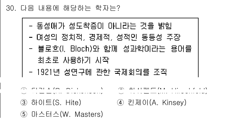 청소년상담사_1급(2교시)(구) 2022년 30번 - 이유: 동성애가 성도착증이 아니라는 것을 밝힌 학자는 우선 여성의 성적 ... 에 관한 핵심 기출문제