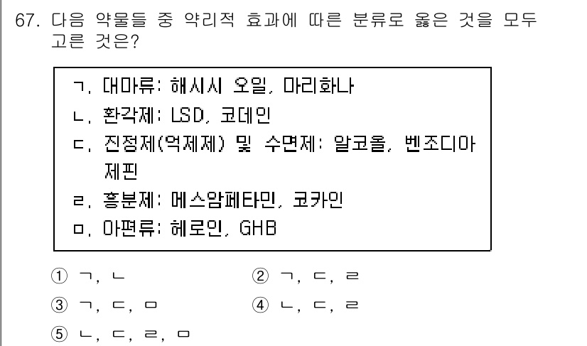 청소년상담사_1급(2교시)(구) 2022년 67번 - LSD와 코데인은 신경계에 작용하여 환각이나 진통 효과를 나타냅니다. 이... 에 관한 핵심 기출문제