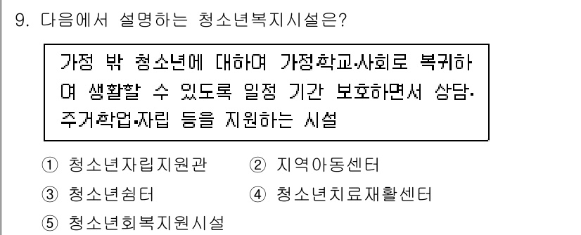 청소년상담사_1급(2교시)(구) 2022년 9번 - 청소년복지시설은 안전하고 안정된 환경에서 청소년이 생활할 수 있도록 지원... 에 관한 핵심 기출문제