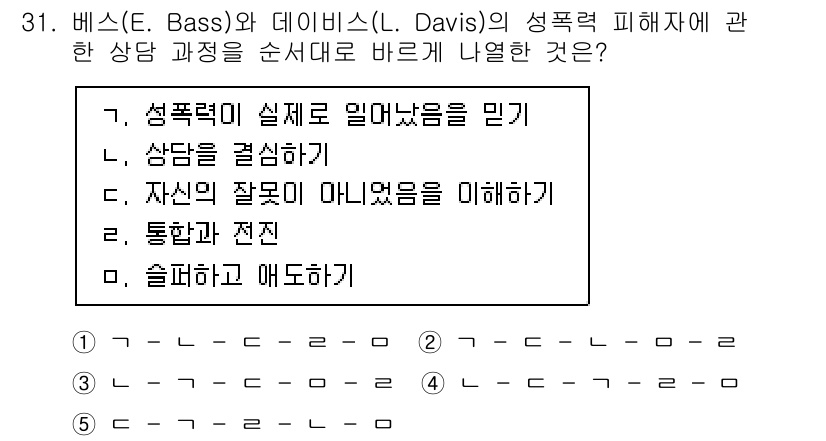 청소년상담사_1급(2교시) 2022년 31번 - 베스와 데이비스는 상담 과정에서 성폭력 피해자의 감정과 경험을 이해하고 ... 에 관한 핵심 기출문제