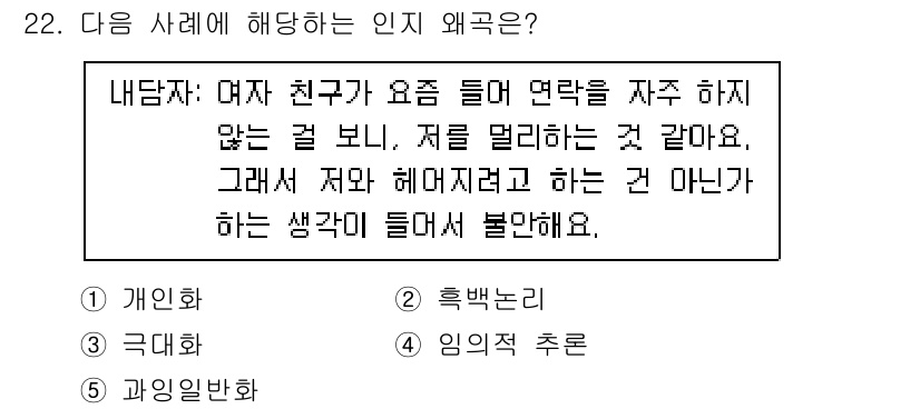 청소년상담사_2급(1교시)(구) 2022년 22번 - 정답은 4번 "임의적 추론"입니다. 내담자가 친구의 행동에 대한 결론을 ... 에 관한 핵심 기출문제