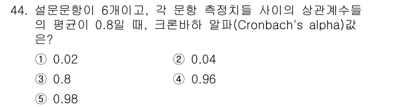 청소년상담사_2급(1교시)(구) 2022년 44번 - 크론바흐 알파는 내적 일관성을 평가하는 척도로, 0과 1 사이의 값을 가... 에 관한 핵심 기출문제