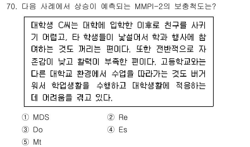 청소년상담사_2급(1교시) 2022년 70번 - 정답 5번은 MMPI-2의 "Mt" 척도를 반영합니다. 이 척도는 학생의... 에 관한 핵심 기출문제