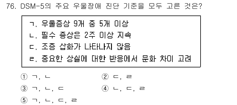 청소년상담사_2급(1교시) 2022년 76번 - DSM-5에서 우울증 진단 기준은 최소 5개의 증상이 2주 이상 지속되어... 에 관한 핵심 기출문제