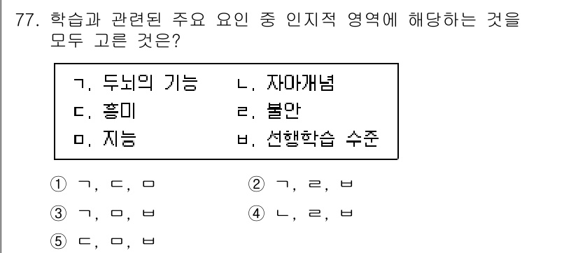 청소년상담사_2급(2교시)(구) 2022년 77번 - 학습과 관련된 인지적 영역에 해당하는 요소는 '기능'과 '자아개념', '... 에 관한 핵심 기출문제