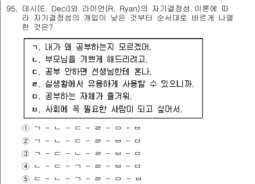 청소년상담사_2급(2교시)(구) 2022년 95번 - 자기결정성이론에 따르면 개인의 자율성과 자기주도성이 높을수록 내적 동기가... 에 관한 핵심 기출문제