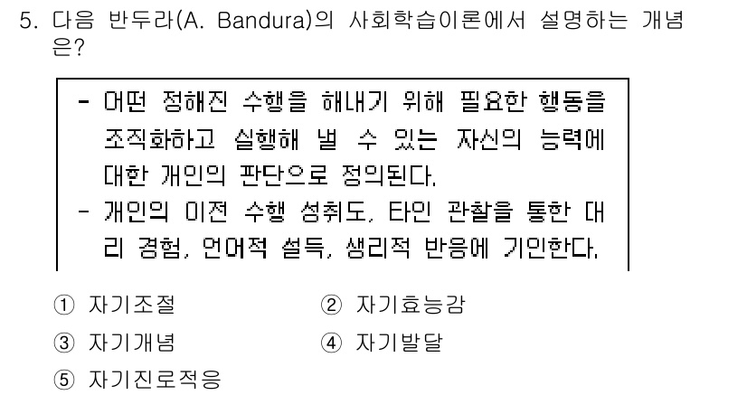 청소년상담사_2급(2교시) 2022년 5번 - . 

밴두라의 사회 학습 이론은 개인의 행동이 주위 환경과 상호작용하며... 에 관한 핵심 기출문제