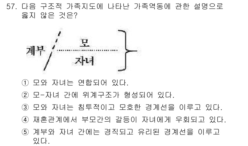 청소년상담사_2급(2교시) 2022년 57번 - . 재혼관계에서 부모의 갈등이 자녀에게 유히된다.

이 설명은 가족 구조... 에 관한 핵심 기출문제
