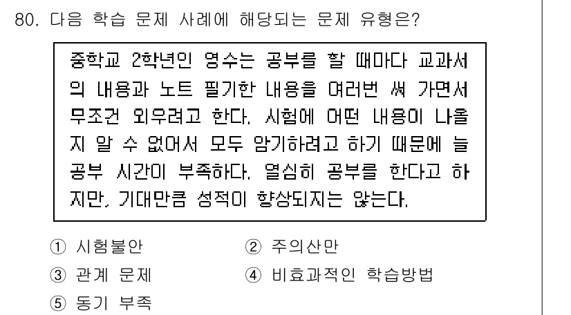 청소년상담사_2급(2교시) 2022년 80번 - 문제는 학습자의 수업 참여 방식과 관련되어 있으며, 교사가 학생들의 이해... 에 관한 핵심 기출문제
