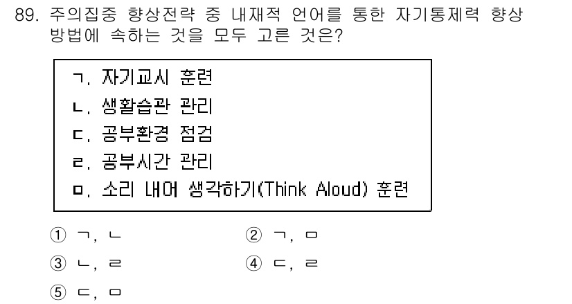 청소년상담사_2급(2교시) 2022년 89번 - 정답은 2입니다. 자기교시 훈련은 내재적 언어를 통해 자신의 생각과 행동... 에 관한 핵심 기출문제