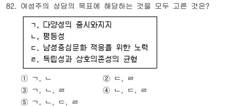 청소년상담사_3급(1교시)(구) 2022년 82번 - 여성주의 상담의 목표는 성별에 따른 차별을 없애고, 개인의 다원성을 인정... 에 관한 핵심 기출문제