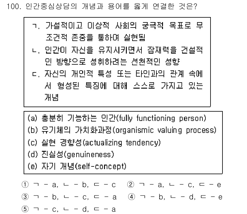 청소년상담사_3급(1교시) 2022년 100번 - 정답인 2번은 "인간이 자신을 유지하려는 잠재력을 성격의 인 방향으로 성... 에 관한 핵심 기출문제