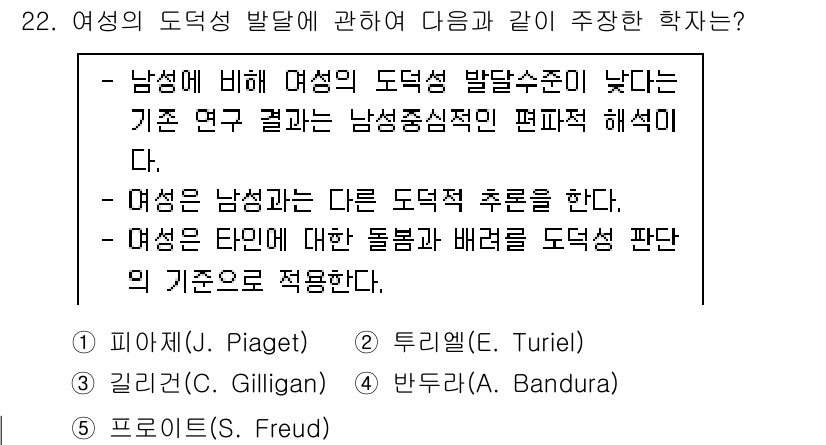 청소년상담사_3급(1교시) 2022년 22번 - 정답 3번은 에리히 프롬(E. Fromm)의 이론으로, 여성의 도덕성 발... 에 관한 핵심 기출문제