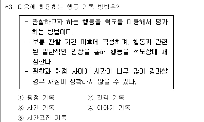 청소년상담사_3급(1교시) 2022년 63번 - 행동 기록 방법은 관찰하고자 하는 행동을 측정하기 위해 사용되는 방법입니... 에 관한 핵심 기출문제