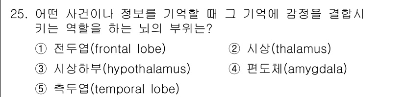 청소년상담사_3급(2교시)(구) 2022년 25번 - 정답은 4번 편도체(amygdala)입니다. 편도체는 감정의 처리를 담당... 에 관한 핵심 기출문제