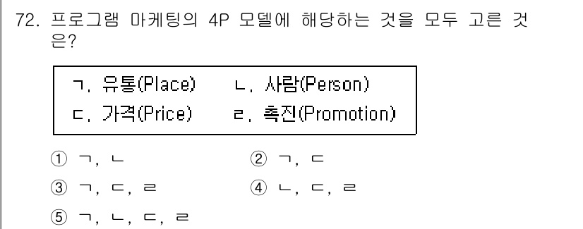 청소년상담사_3급(2교시)(구) 2022년 72번 - . 

프로그램 마케팅의 4P 모델은 유통(Place), 가격(Price... 에 관한 핵심 기출문제