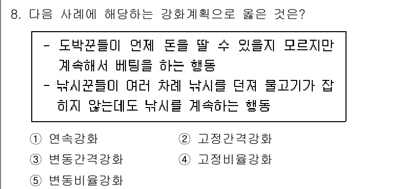 청소년상담사_3급(2교시)(구) 2022년 8번 - 강화계획에서 '고정적 비율 강화'는 행동이 특정 횟수만큼 발생할 때마다 ... 에 관한 핵심 기출문제