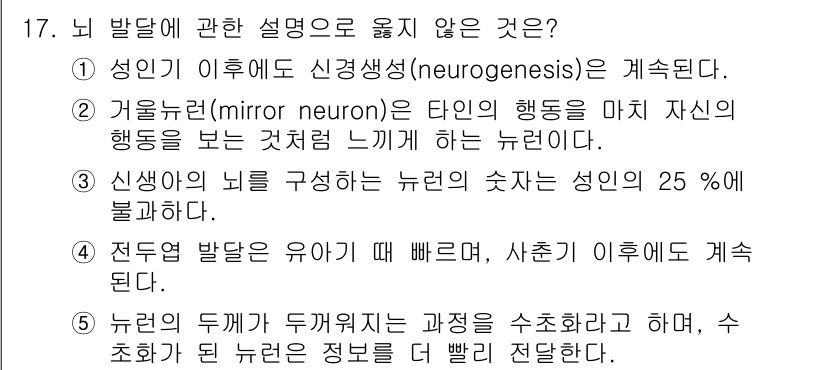 청소년상담사_3급(2교시) 2022년 17번 - 성인이 된 후에도 신경세포가 생성되는 신경생성(neurogenesis)은... 에 관한 핵심 기출문제