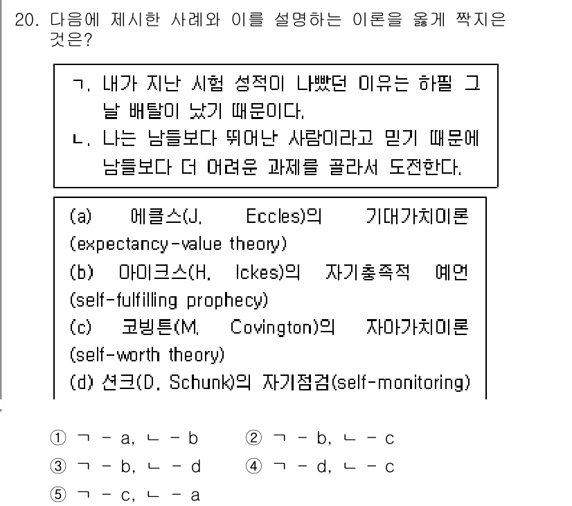 청소년상담사_3급(2교시) 2022년 20번 - 정답 5번 (자기감독 이론)에 해당하는 이유는, 자신의 행동을 스스로 모... 에 관한 핵심 기출문제