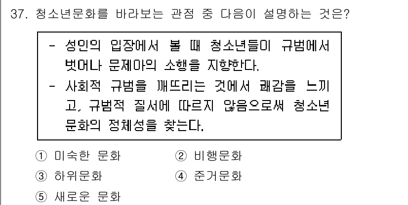 청소년상담사_3급(2교시) 2022년 37번 - 정답 2번은 청소년 문화가 성인의 시각에서 청소년의 행동을 해석하고 비판... 에 관한 핵심 기출문제