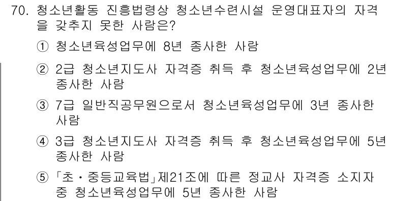청소년상담사_3급(2교시) 2022년 70번 - 정답은 2번 청소년지도사 자격증 취득 후 청소년사업업무에 2년 종사한 사... 에 관한 핵심 기출문제