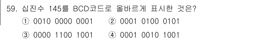 PC정비사_1급 2022년 59번 - 정답은 ②입니다. 십진수 145를 BCD로 표현하면 각 자리수를 별도로 ... 에 관한 핵심 기출문제