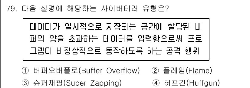 경비지도사_1차(법학개론,민간경비론) 2022년 79번 - 문제에서 다루는 사이버 테러 유형은 데이터 저장 공간의 초과 및 비정상적... 에 관한 핵심 기출문제