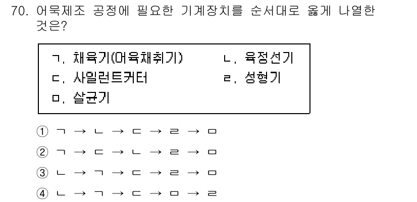 수산물품질관리사_1차 2022년 70번 - 어묵제조 공정에 필요한 기계장치를 순서대로 나열하면, 원재료 처리 단계인... 에 관한 핵심 기출문제