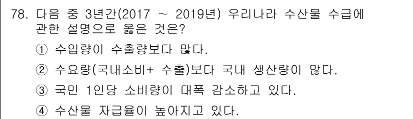 수산물품질관리사_1차 2022년 78번 - 수출량은 수요와 공급의 영향을 받으며, 국내 소비보다 수출이 더 많았던 ... 에 관한 핵심 기출문제