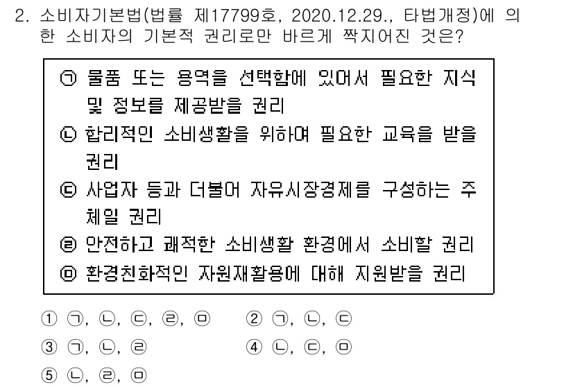 유통관리사_2급 2022년 2번 - 안전하고 쾌적한 소비환경을 보장하는 것은 소비자의 기본적인 권리 중 하나... 에 관한 핵심 기출문제
